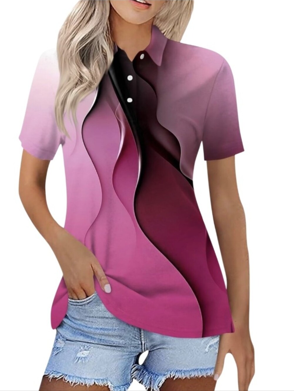 #T015 Women’s Pink Gradient Short Sleeve Polo Top